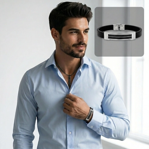 Bracelete Couro Preto com Placa Espelhada e Fibra de Carbono