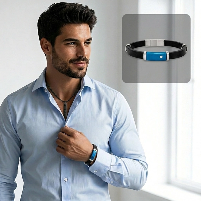 Bracelete Couro Preto com Placa Carbonada Azul
