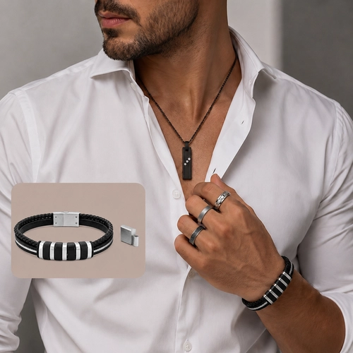 Bracelete Duplo em Couro com Cabo Náutico e Fibra Carbonada