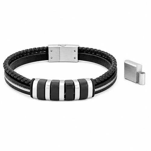 Bracelete Duplo em Couro com Cabo Náutico e Fibra Carbonada