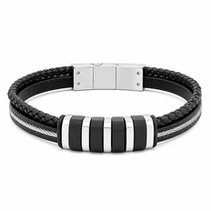 Bracelete Duplo em Couro com Cabo Náutico e Fibra Carbonada
