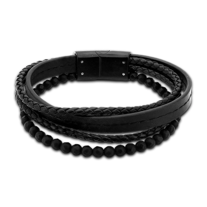 Bracelete de Aço Quatro Fios com Couro Preto Trançado e Esferas