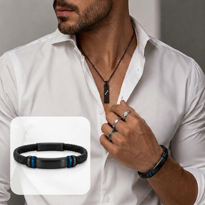 Bracelete Couro Trançado com Placa em Fibra de Carbono Preta e Azul