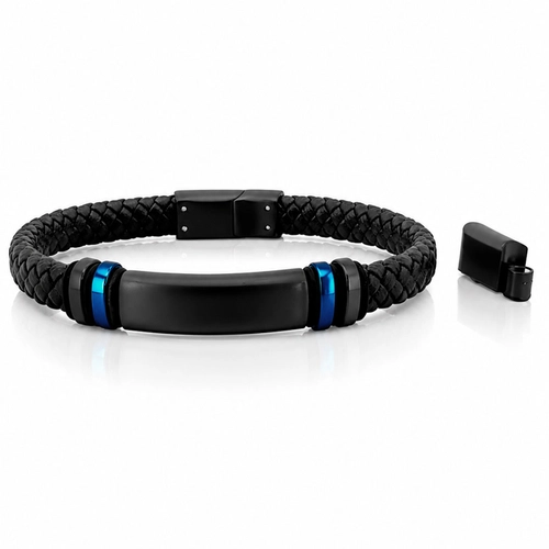 Bracelete Couro Trançado com Placa em Fibra de Carbono Preta e Azul