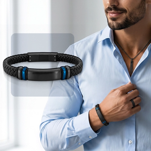 Bracelete Couro Trançado com Placa em Fibra de Carbono Preta e Azul