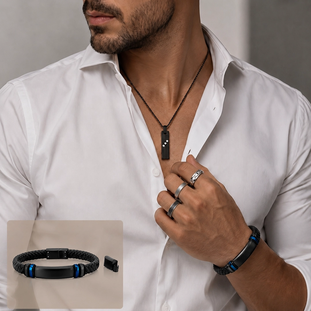 Bracelete Couro Trançado com Placa em Fibra de Carbono Preta e Azul