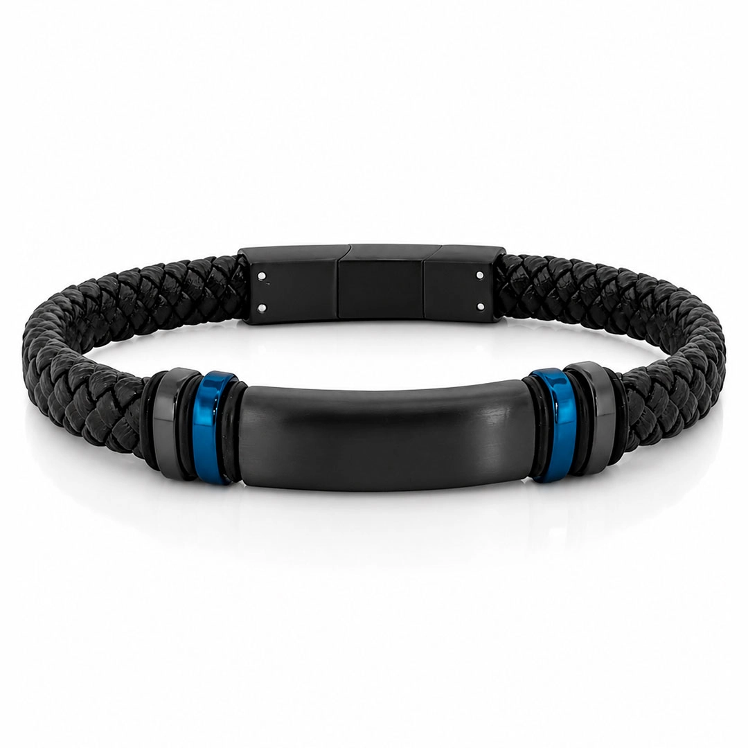 Bracelete Couro Trançado com Placa em Fibra de Carbono Preta e Azul