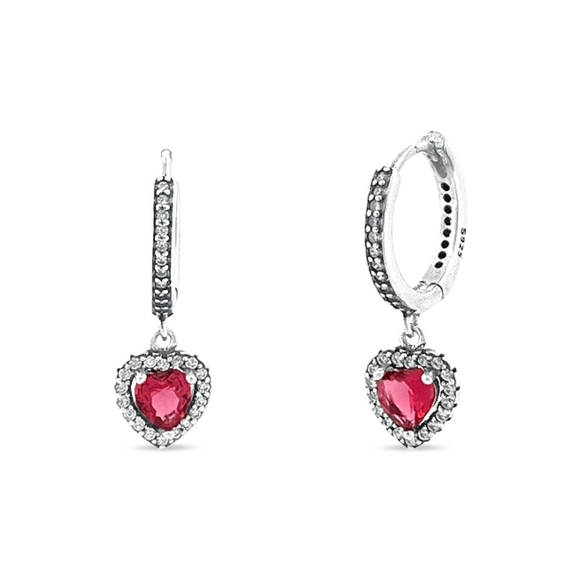 Brinco De Argola Clic Com Zircônia Cristal e Coração de Zircônia Rubi