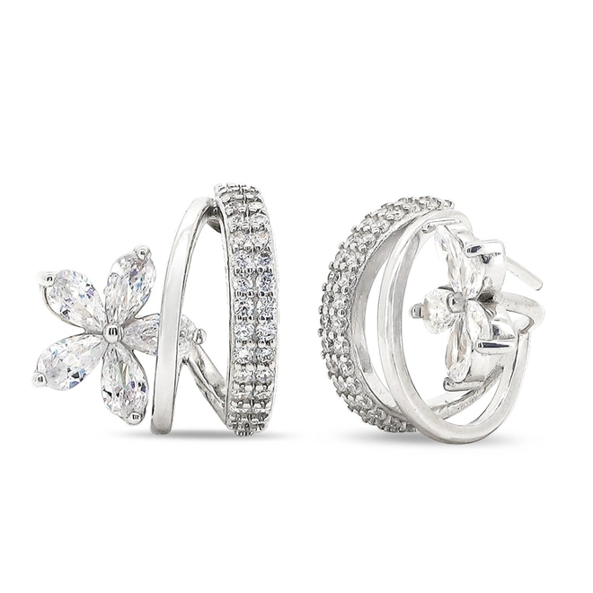 Brinco De Prata Argola com Flor e Zircônia Cristal