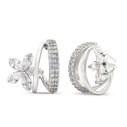 Brinco De Prata Argola com Flor e Zircônia Cristal