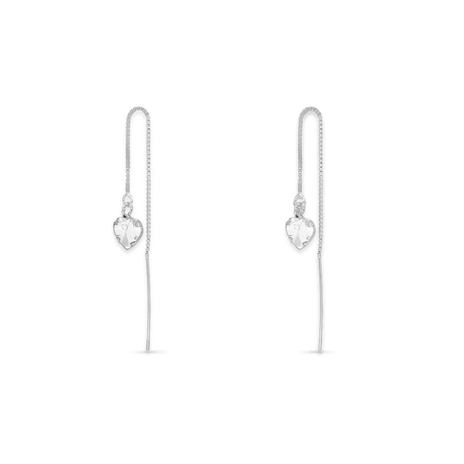 Brinco de Prata Agulha com Fio e Coração de Zircônia Cristal