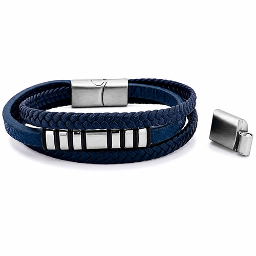 Bracelete Triplo Couro Azul Trançado com Placa e Cauciu
