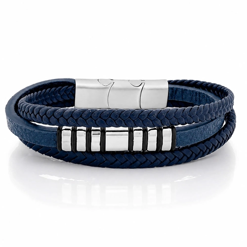 Bracelete Triplo Couro Azul Trançado com Placa e Cauciu