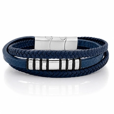 Bracelete Triplo Couro Azul Trançado com Placa e Cauciu
