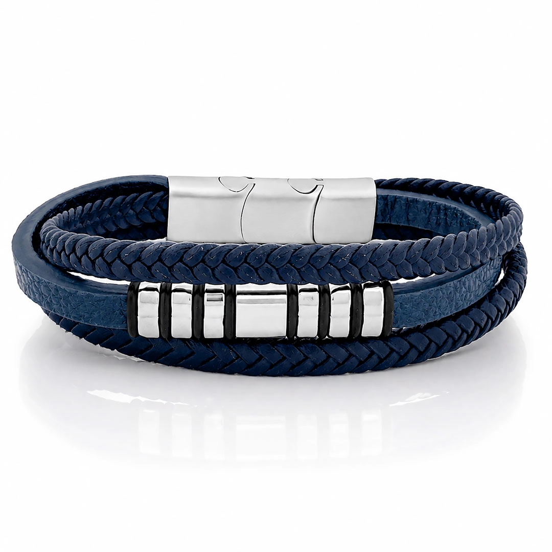 Bracelete Triplo Couro Azul Trançado com Placa e Cauciu