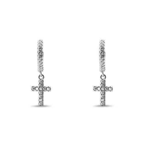 Brinco De Prata Argola Clic com Cruz e Zircônia Cristal