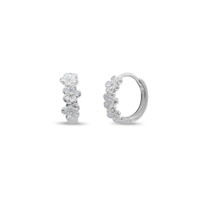 Brinco de Prata Argola Clic com Flores e Zircônias Cristal