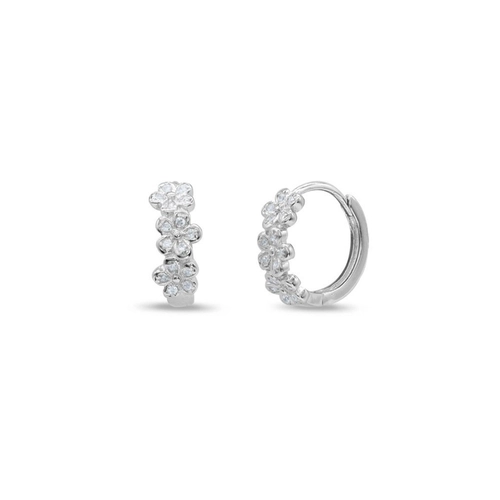 Brinco de Prata Argola Clic com Flores e Zircônias Cristal
