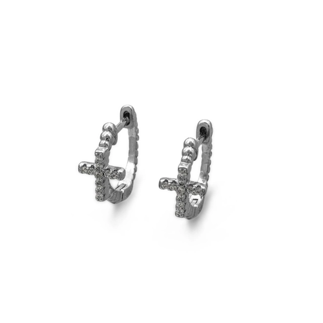 Brinco de Prata Argola Cruz com Zircônia Cristal