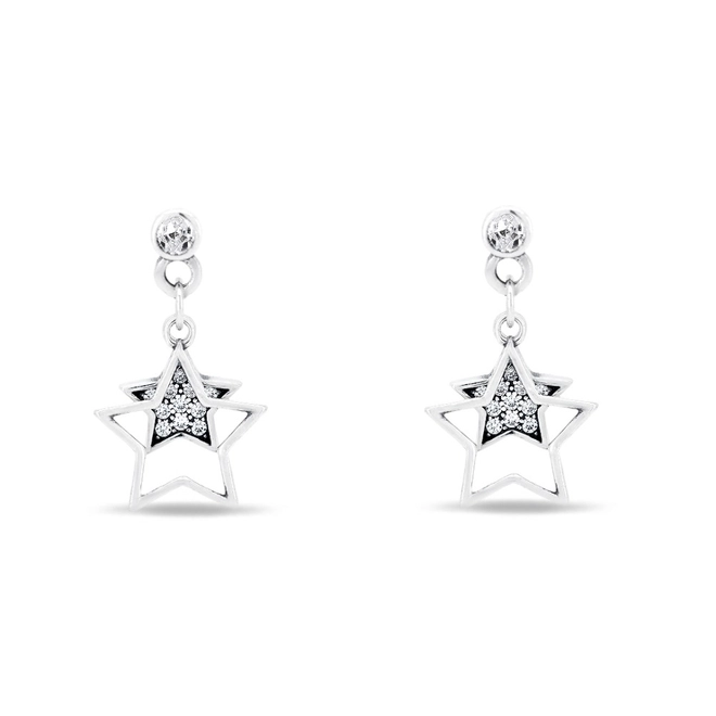 Brinco de Prata Balanço Estrela Dupla com Zircônia Cristal