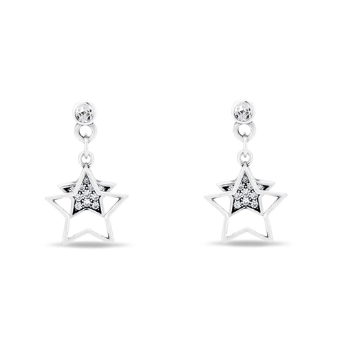 Brinco de Prata Balanço Estrela Dupla com Zircônia Cristal