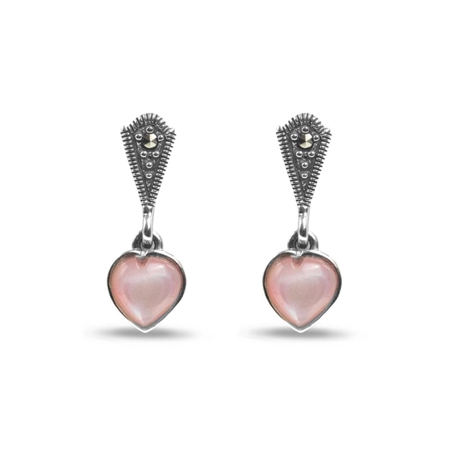 Brinco de Prata Balanço Coração com Marcassita e Madrepérola Rosa
