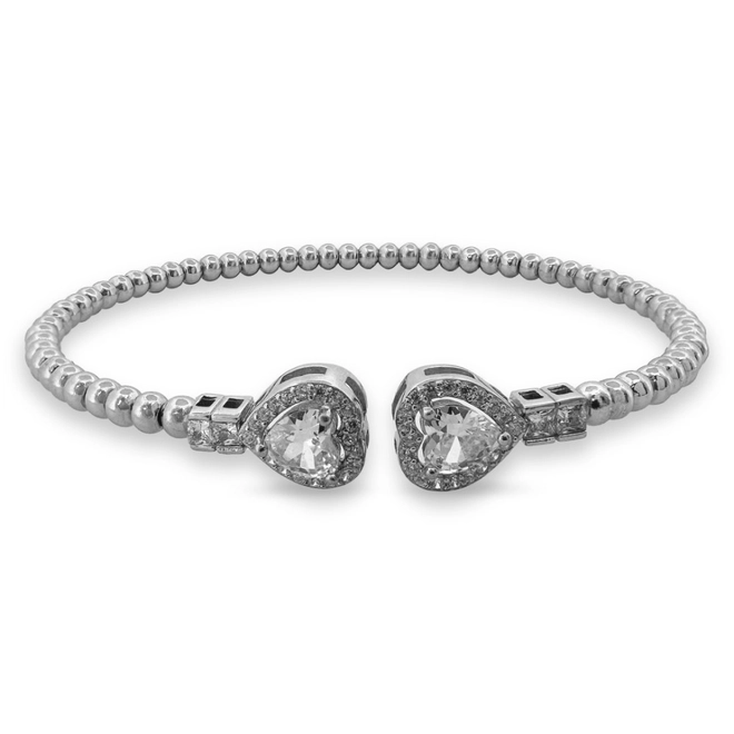 Bracelete de Prata Aberto com Esferas e Corações em Zircônias Cristal