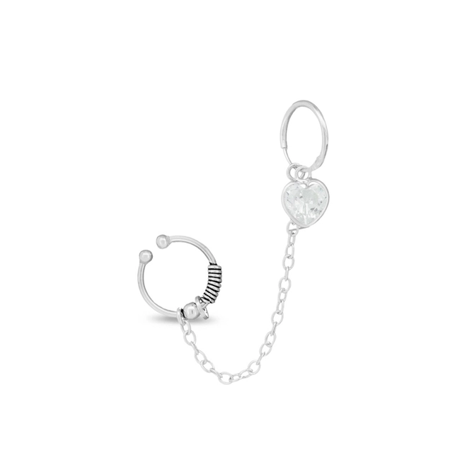 Brinco Ear Cuff de Prata Argola Dupla Com Coração de Zircônia Cristal e Corrente