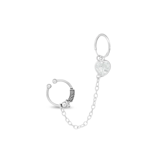 Brinco Ear Cuff de Prata Argola Dupla Com Coração de Zircônia Cristal e Corrente