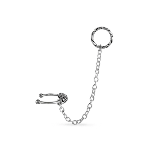 Brinco Ear Cuff de Prata Argola Dupla Envelhecida com Corrente
