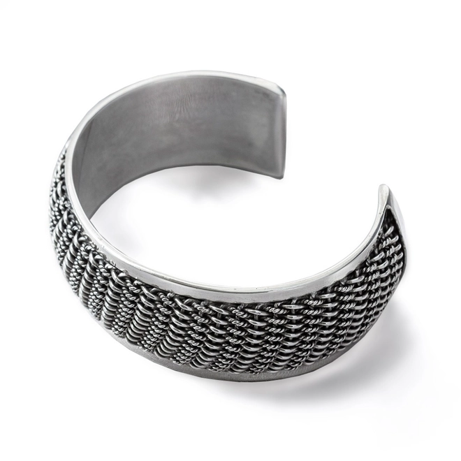 Bracelete de Prata Estilo Bali com Trama e Laterais Espelhadas