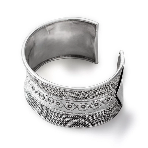 Bracelete de prata estilo bali aberto trabalhado com flores