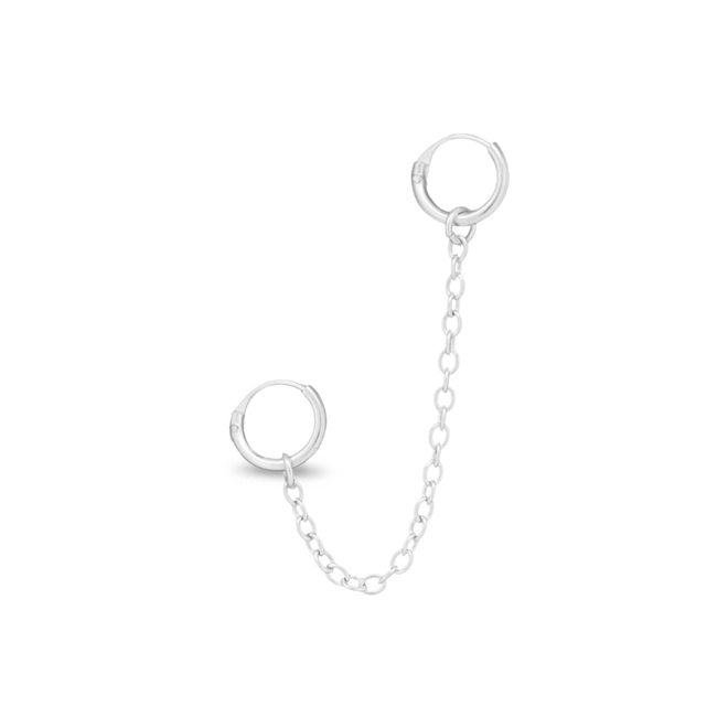 Brinco Ear Cuff de Prata Argola Dupla com Corrente Espelhada