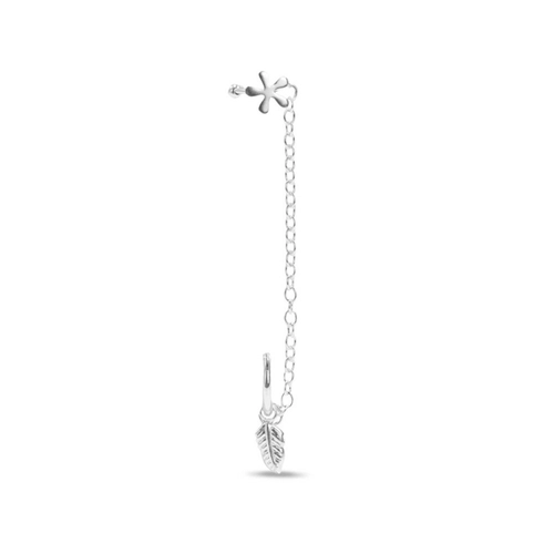 Brinco Ear Cuff de Prata Argola com Pena e Flor