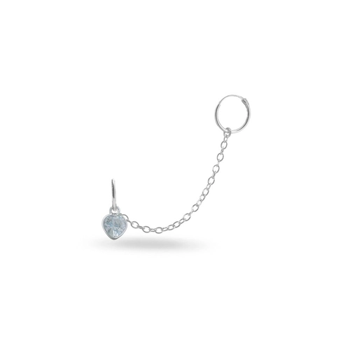 Brinco Ear Cuff de Prata Argola Dupla Com Coração de Zircônia Cristal e Corrente