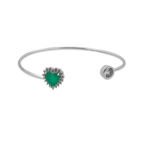 Bracelete Em Prata Leve Aberto com Coração de Zircônia Esmeralda e Zircônia Cristal
