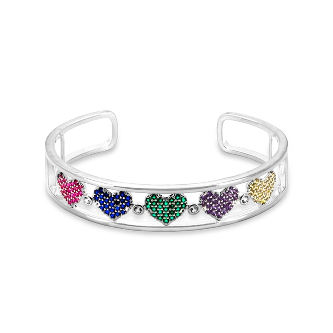 Bracelete Em Prata Leve Aberto com Corações e Zircônias Coloridas