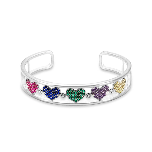 Bracelete Em Prata Leve Aberto com Corações e Zircônias Coloridas