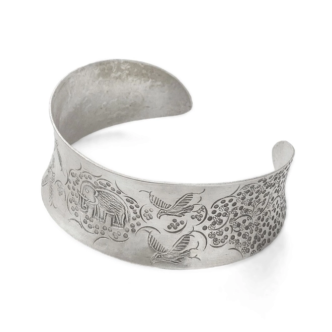 Bracelete de Prata Estilo Bali com Elefante, Flores e Pássaros