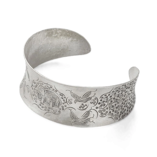 Bracelete de Prata Estilo Bali com Elefante, Flores e Pássaros