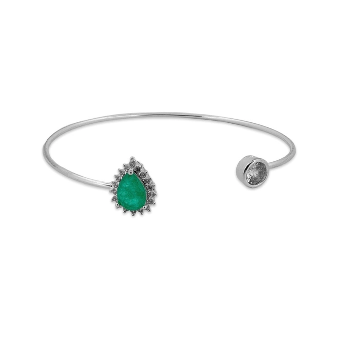 Bracelete Em Prata Leve Aberto com Gota de Zircônia Esmeralda e Zircônia Cristal