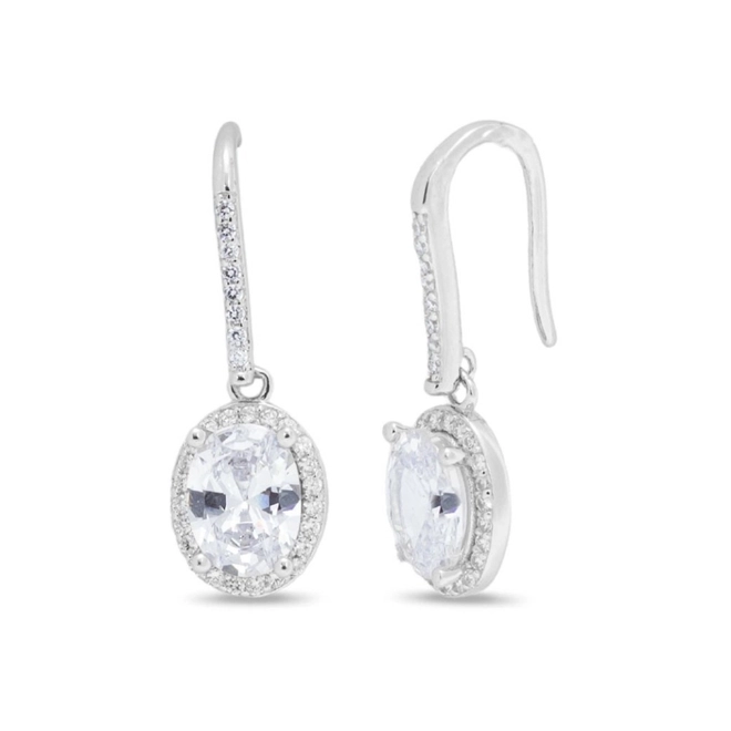 Brinco de Prata Gancho Oval com Zircônia Cristal