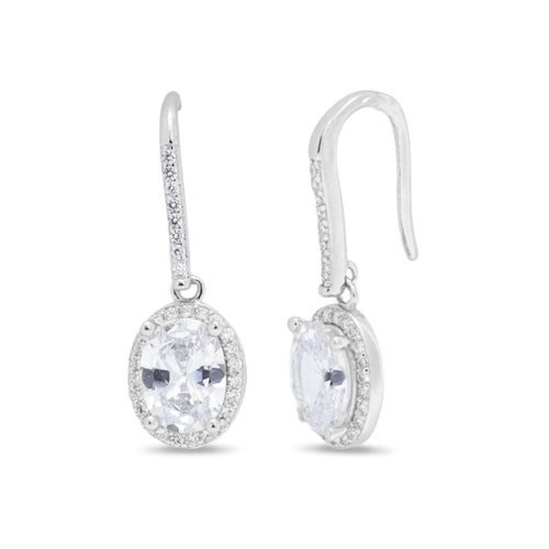 Brinco de Prata Gancho Oval com Zircônia Cristal