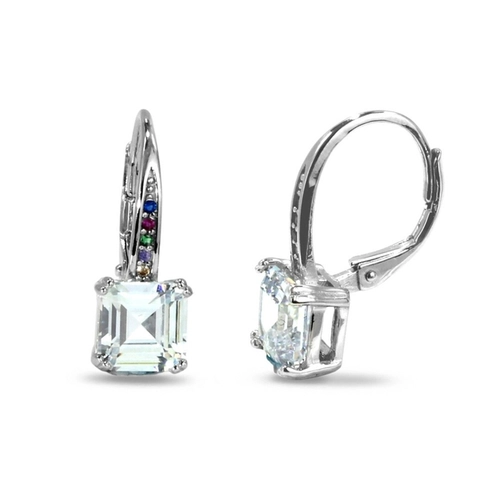 Brinco de Prata Gancho com Zircônia Cristal Quadrada e Coloridas