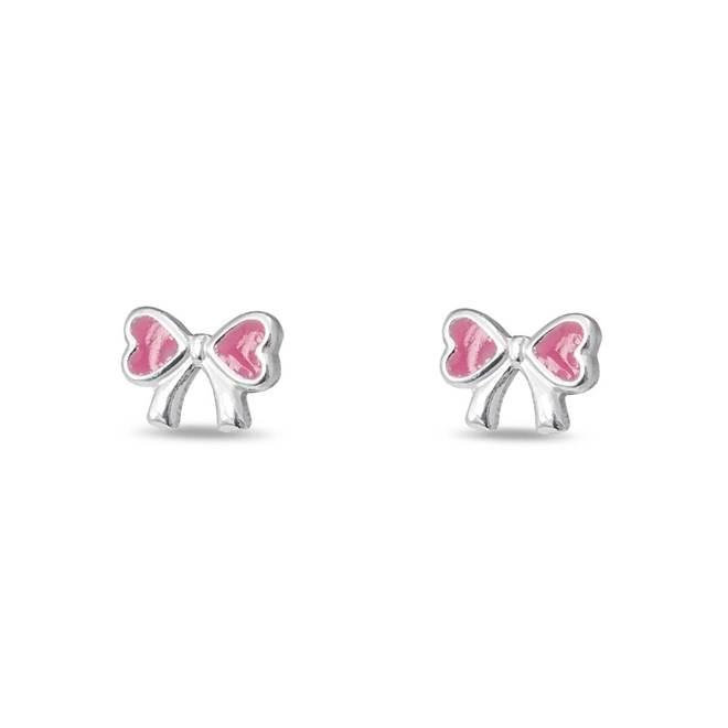 Brinco de Prata Kids Laço Rosa Esmaltado