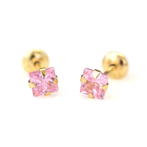 Brinco de Ouro 18k Baby Gold com Zircônia Rosa Quadrada