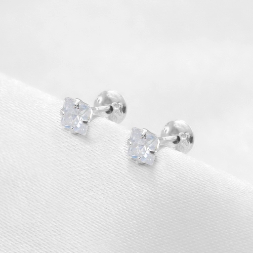 Brinco de Prata Infantil com Zircônia Cristal Quadrada