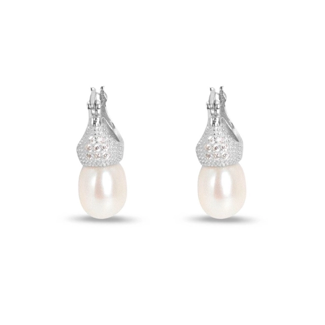 Brinco de Prata Lady Di com Zircônia Cristal e Pérola Biwa