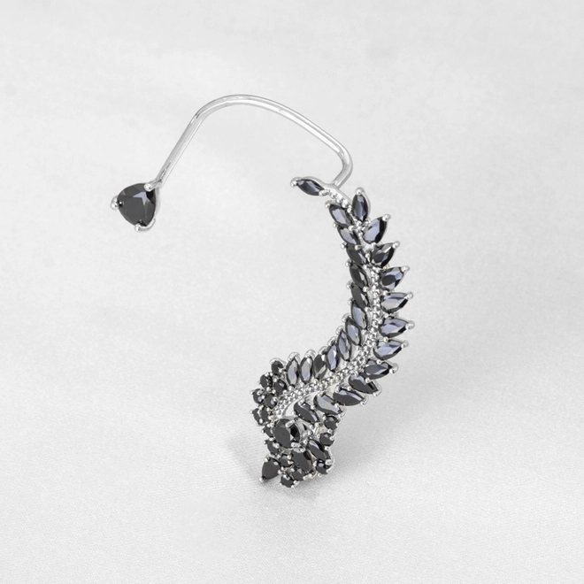 Brinco Ear Cuff de Ródio com  Gotas de Zircônia Ônix
