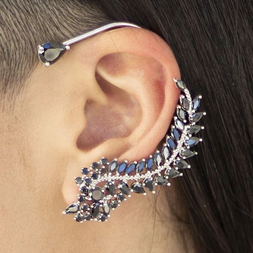Brinco Ear Cuff de Ródio com  Gotas de Zircônia Ônix